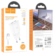 Адаптер HOCO  C88A 2 USB, 2,4A, 12W, с кабелем Type-C, белый