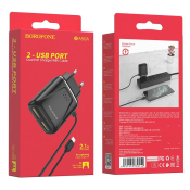 Адаптер BOROFONE BA50A с 2 USB, 2,1A, с кабелем Lightning, литой, черный