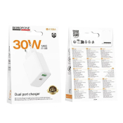 Адаптер BOROFONE BA108A USB + Type-C, 3,0A, PD30W, QC3.0, белый