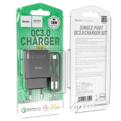 Адаптер HOCO  C72Q USB, 3,0A, 18W, с кабелем MicroUSB, QC3.0, черный