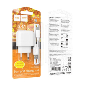Адаптер HOCO CS51A 2 USB, 2,4A, QC3.0, 12W, индикатор, с кабелем Type-C, белый