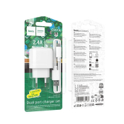 Адаптер HOCO CS51A 2 USB, 2,4A, QC3.0, 12W, индикатор, с кабелем MicroUSB, белый
