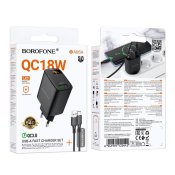 Адаптер BOROFONE BA95A USB, 3,0A, 18W, с кабелем Type-C, QC3.0, чёрный