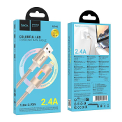 Кабель HOCO U144 Lightning, 1,2м, 2,4A, текстильный, LED-подсветка, золотой
