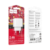 Адаптер HOCO CS51A 2 USB, 2,4A, QC3.0, 12W, индикатор, белый