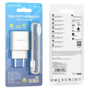 Адаптер BOROFONE BA53A 2 USB, 2,1A, с кабелем MicroUSB, белый