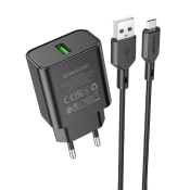 Адаптер BOROFONE BA72A USB, 3,0A, 18W, с кабелем MicroUSB, QC3.0, чёрный