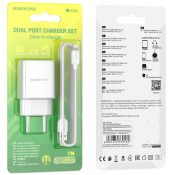 Адаптер BOROFONE BA53A 2 USB, 2,1A, с кабелем Lightning, белый