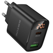Адаптер BOROFONE BA96A USB + Type-C, 3,0A, PD20W, дисплей, чёрный