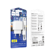 Адаптер HOCO CS51A 2 USB, 2,4A, QC3.0, 12W, индикатор, с кабелем Lightning, белый