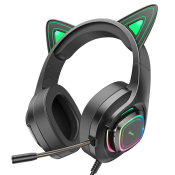 Наушники HOCO W107 Elf Cat полноразмерные, с микрофоном, игровые, с ушками, с подсветкой, чёрные