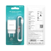 Адаптер BOROFONE BA20A USB, 2,1A, 10W, с кабелем Type-C, белый