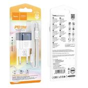 Адаптер HOCO C125A Type-C, 3,0A, PD20W, QC3.0, с кабелем Type-C-Type-C, прозрачный, синий