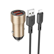 АЗУ BOROFONE BZ19 2 USB, 2,4A, с кабелем Lightning, металл. корпус, золото