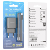 Адаптер BOROFONE BA53A 2 USB, 2,1A, с кабелем MicroUSB, чёрный