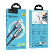 Кабель HOCO U144 Lightning, 1,2м, 2,4A, текстильный, LED-подсветка, черный