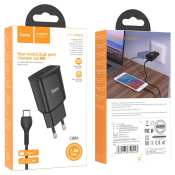 Адаптер HOCO  C88A 2 USB, 2,4A, 12W, с кабелем Type-C, чёрный