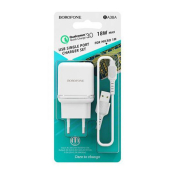 Адаптер BOROFONE BA36A USB, 3,0A, 18W, с кабелем MicroUSB, QC3.0, белый