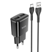 Адаптер HOCO  C88A 2 USB, 2,4A, 12W, с кабелем Type-C, чёрный