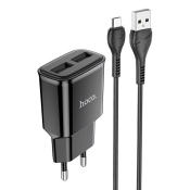 Адаптер HOCO  C88A 2 USB, 2,4A, 12W, с кабелем MicroUSB, чёрный