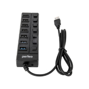 USB Разветвитель PERFEO PF-H036, 7 портов, USB 2.0, с выключателями, черный