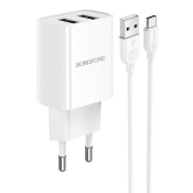 Адаптер BOROFONE BA53A 2 USB, 2,1A, с кабелем Type-C, белый