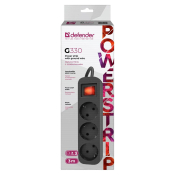 Сетевой удлинитель DEFENDER, 3 розетки, 10А, 3,0м, чёрный, с выключателем (G330)