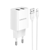 Адаптер BOROFONE BA53A 2 USB, 2,1A, с кабелем Lightning, белый