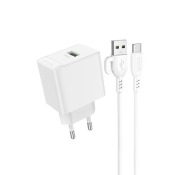 Адаптер BOROFONE BAS12A USB, 3,0A, 18W, с кабелем Type-C, QC3.0, белый