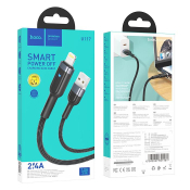 Кабель HOCO U117 Lightning, 1,2м, 2,4A, с индикатором, текстильный, черный