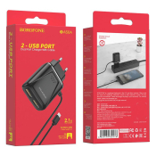 Адаптер BOROFONE BA50A с 2 USB, 2,1A, с кабелем MicroUSB, литой, черный