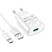 Адаптер HOCO C109A USB, 3,0A, 18W, с кабелем Type-C, QC3.0, белый