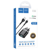 Адаптер HOCO  C12Q USB, 3,0A, 18W, с кабелем MicroUSB, QC3.0, черный