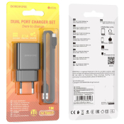 Адаптер BOROFONE BA53A 2 USB, 2,1A, с кабелем Type-C, черный