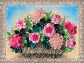 Вышивка на искусственном шелке "Корзина с розами и пионами" БЛ-023 (32,5*43см)