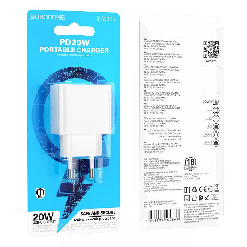 Адаптер BOROFONE BAS13A Type-C, 3,0A, PD20W, QC3.0, белый