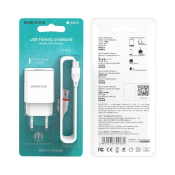 Адаптер BOROFONE BA20A USB, 2,1A, 10W, с кабелем MicroUSB, белый