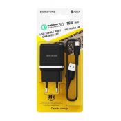 Адаптер BOROFONE BA36A USB, 3,0A, 18W, с кабелем MicroUSB, QC3.0, чёрный