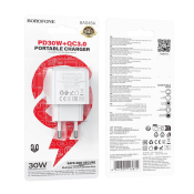 Адаптер BOROFONE BAS45A USB + Type-C, 3,0A, 18W, QC 3.0, PD30W, белый