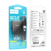 Адаптер HOCO C140A USB, 3,0A, QC3.0, 18W, с кабелем MicroUSB, черный
