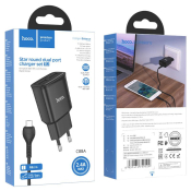 Адаптер HOCO  C88A 2 USB, 2,4A, 12W, с кабелем MicroUSB, чёрный