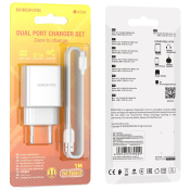 Адаптер BOROFONE BA53A 2 USB, 2,1A, с кабелем Type-C, белый