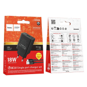 Адаптер HOCO CS92A USB, 3,0A, 18W, с индикатором, с кабелем Type-C, чёрный