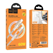 Кабель HOCO U144 Type-C - Type-C, 1,2м, PD60W, 3.0A, текстильный, LED-подсветка, золотой