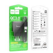 Адаптер HOCO C140A USB, 3,0A, QC3.0, 18W, с кабелем Type-C, черный