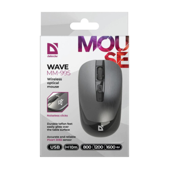 Мышь DEFENDER Wave MM-995, беспроводная, USB, бесшумная, серебро 3