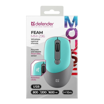 Мышь DEFENDER Feam MM-296, беспроводная, USB, 1600dpi, бесшумная, мятная 4